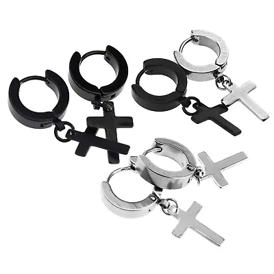 £4.79 • Buy Pair Jewelry Men Women Small Stainless Steel Pendant Cross Hoop Earrings
