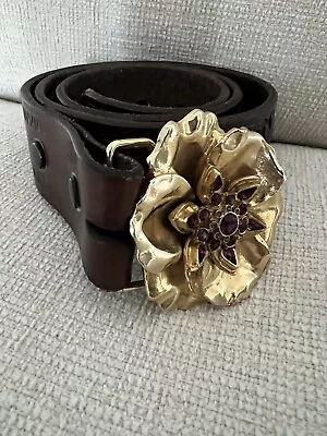 B-LOW THE BELT Brown Leather Belt With Brass & Purple Stone Buckle Sz 30 • $39.99