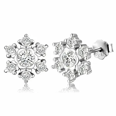$12.21 • Buy 925 Sterling Silver CZ Snowflake Ear Stud Earrings Cubic Zirconia Xmas Jewelry
