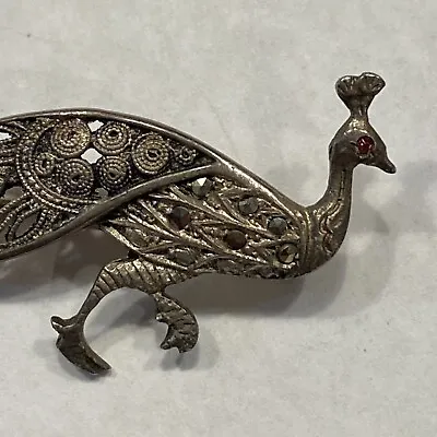 Vtg European Silver Marked 835 Marcasite Figural Peacock  Red Eye Delicate Pin • $14.72