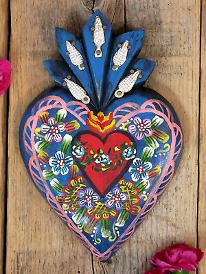 Heart Wood Hand Painted Blue With Milagros Handmade Pátzcuaro Mexican Folk Art • $29