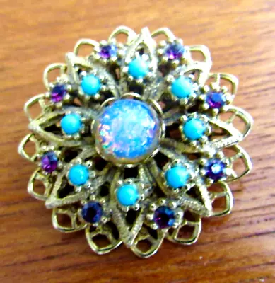 Vintage West Germany FOIL FAUX OPAL CABOCHON-Turquoise/Amethyst Gold Tone Brooch • $44