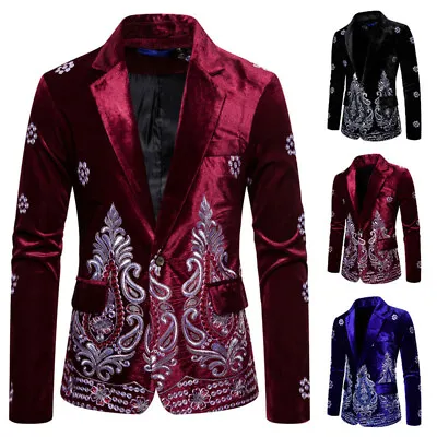 $62.99 • Buy Mens Silver Embroidery Floral Formal Dress Suit Blazer Jacket Slim Coats