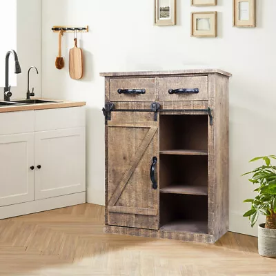Rustic Storage Cabinet With Barn Door 2 Drawers Farmhouse Barn Accent Stand • $105.98
