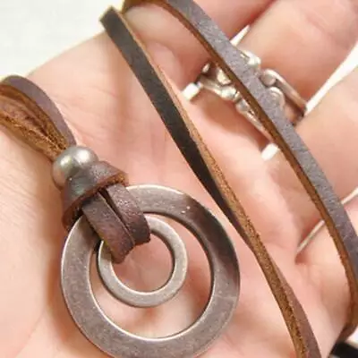 Mens Brown Leather Cord Necklace Bronze Metal Double Ring Pendant Adjustable UK • £3.83
