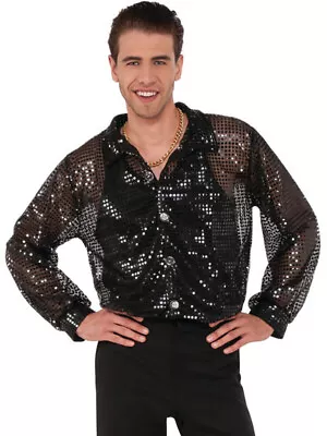 Men's 70s Dancing King Black Sequin Disco Shirt Costume X-Large 48 • $9.98