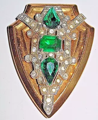 McClelland Crystal Fur Clip Clear Green Rhinestone Gold Tone Signed Barclay May • $249.99