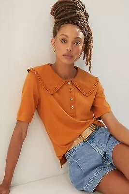 $44 • Buy Maeve Anthropologie Collared Ruffle Blouse Top Peter Pan Neck Copper Size S