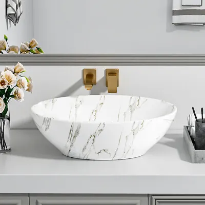 Compact Countertop Sink Ceramic White Marble Effect Wash Basin Bowl Pop Up Waste • £47.95