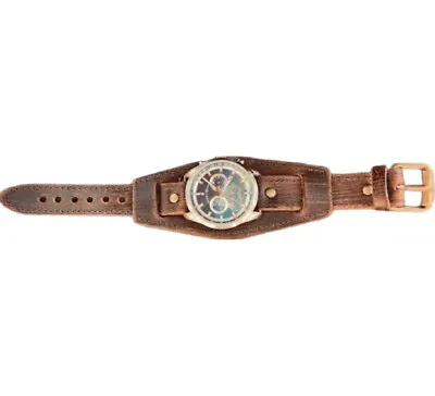 Men’s Vintage Retro Leather Cuff Bracelet Brass Wrist Watch Wide Band -Band Only • $24