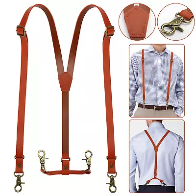 Adjustable Soft Genuine Leather Suspenders X Back Belt Hook Clip Replaceable Men • $22.98