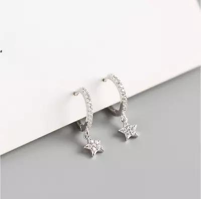 Sterling Silver Small Star Dangle Women Men CZ Drop Huggie Hoop Earrings Box A28 • $16.95