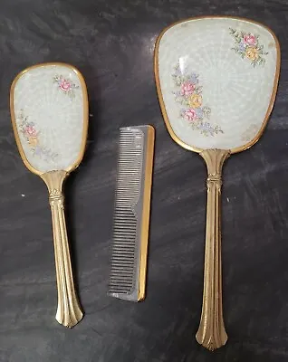 Vintage Vanity Dresser Set Of Brush Mirror Comb Victorian Gold Tone Floral • $39.95