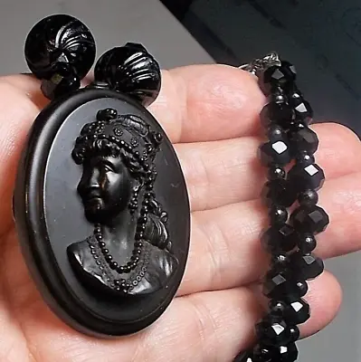 1 1900 Black Mourning Vulcanite Cameo W/ Jewelry Flowers In Curly Hair Necklace • $239.90