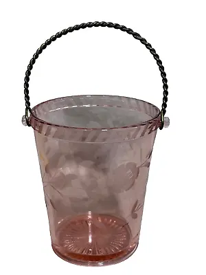 Vintage Pink Etched Flower Floral Ice Bucket Elegant Glass With Handle Antique • $34.95