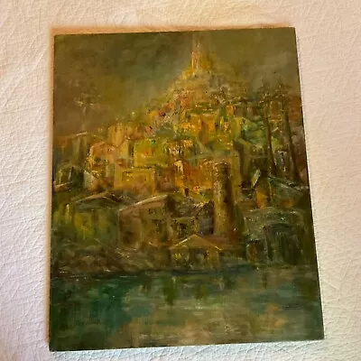 VINTAGE Abstract Original Hand Painted Oil PAINTING Cityscape Olive Gold Large • $386