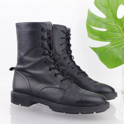 $49.84 • Buy Zara Women's Boot Size 39 8 Combat Mid Lace Up Black Leather Chunky Lug Sole