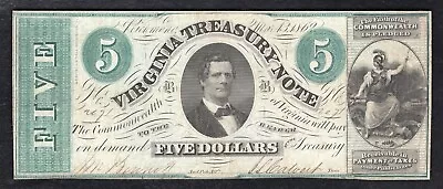 1862 $5 Virginia Treasury Note Richmond Va Obsolete Currency Note Very Fine+ • $59.95