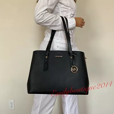 NWT Michael Kors Mel Saffiano Black Leather Large Tote Shoulder Bag Handbag • $236.37