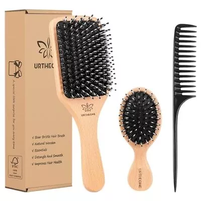 Boar Bristle Hair Brush And Comb Set For Women Men Kids Best Natural Wooden New • £10.86