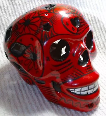 Calavera Sugar Skull Red & Black Glazed Signed Mexico Sun & Flowers • $6.99