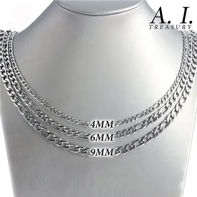 £3.95 • Buy FIGARO Chain 18  22  26  4MM 5MM 6MM 9MM Curb Solid Stainless Silver Necklace