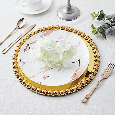 2 GOLD 13  Round Mirror Glass Charger Plates With Pearl Rim Table Decorations • $27.59