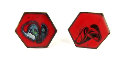 Vintage Mod MCM Copper Enamel Hexagon Cufflinks Red Multicolor Swirl • $15