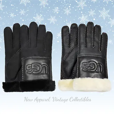 UGG Womens Shearling Sheepskin Logo Winter Gloves W/Exposed Cuffs Suede/Leather • $100.99