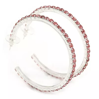 Pink Crystal Hoop Earrings In Rhodium Plating - 60mm D • £14.60