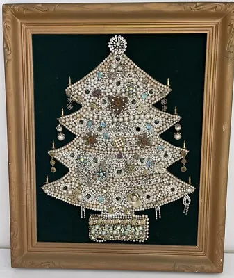Vintage Costume Jewelry Art Framed Jeweled Christmas Tree 20” X 24” Gold Frame • $199.99