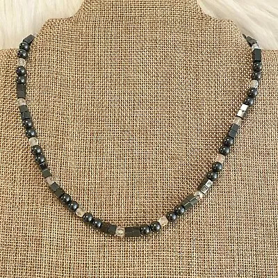 Polished Magnetite Glass Beaded Necklace Choker Silver Tone Metal Healing 8073 • $11.33