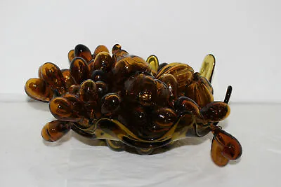 Vintage Mid-century Amber Murano Italian Art Glass Bowl W/grape Clusters & Fruit • $42.79