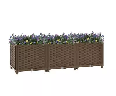 Set Of 3 Brown Deep Raised Flower Bed Rattan Effect Garden Lawn Fence Planter  • £31.93