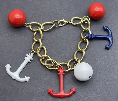 Vintage Plastic Charm Bracelet Nautical Theme Anchors Red White Blue 7  1960's • $14