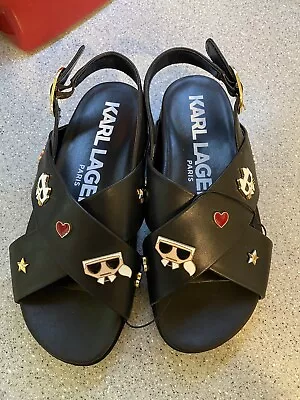 KARL LAGERFELD Women Leather With Logo Charm Black Sandals Size 7.5 • $45