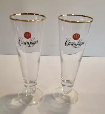 Crown Lager Beer Glasses Gold Rim 300 Ml X2 Collectible Barware Tracked Postage • $30.58