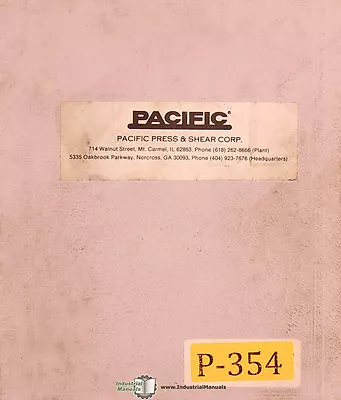 Pacific J Series Press Brakes Operations Install And Maintenance Manual • $45