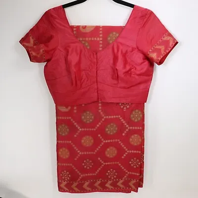 Vtg Indian Saree Choli Dress Top Set M Red Orange Silk Hexagonal Paisley • $42.95