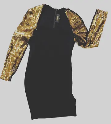 Vintage NK32 Naeem Khan Women's Gold Sequin Sleeved Evening Black Dress Size 2 • $100