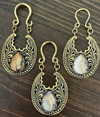 Pair Brass Ear Weights Dangling Crazy Lace Agate Stone Plugs Gauges Earrings  • $32.99