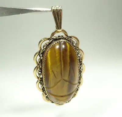 Vintage Carved Tiger Eye Winged Scarab 1/20 12k Gf Pendant Charm Gold Filled • $33.14