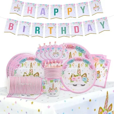 UNICORN Happy Birthday Tableware Decorations Supplies Children Girls Balloons • £0.99