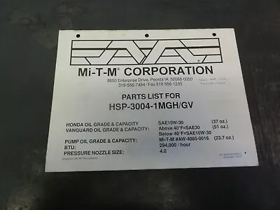 Mi-T-M Corporation HSP-3004-1MGH/GV Pressure Washer Parts List Manual • $10