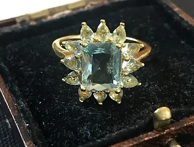 £8.99 • Buy Vintage Style Aquamarine Color Topaz And Zircon Ring 18K Gold Plated