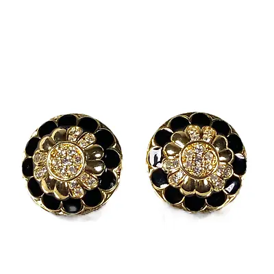 VTG Gold Tone Black Enameled Rhinestone Earrings Clip On Daisy Flower Jewelry • $27.39