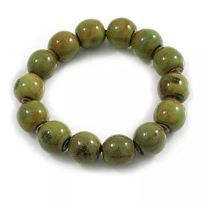 15mm Military Green Round Ceramic Bead Flex Bracelet - Size M • £10.99