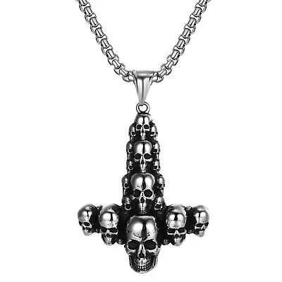 Men's Gothic Punk Skull Upside Down Cross Stainless Steel Pendant Necklace Chain • £14.45