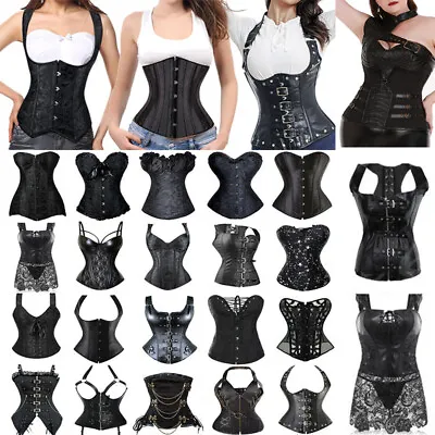 Sexy Black Bustier Overbust Corset Top Waist Training Lace Up Steampunk Lingerie • $35.79