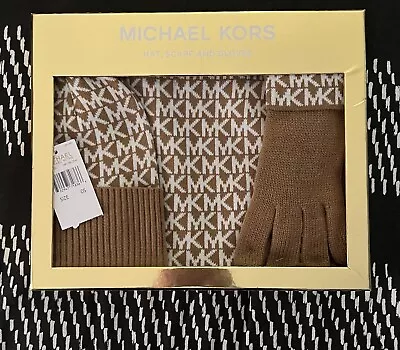 NWT Michael Kors Logo 3PC Knit Scarf Hat & Gloves Dark Camel Cream • $15.20